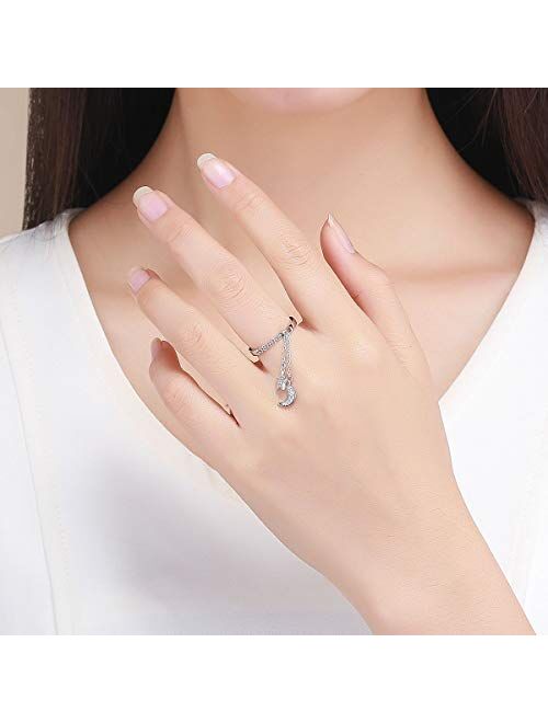 Kokoma Fashion CZ Moon Star Eternity Promise Ring Sterling Silver Adjustable Crystal Tassel Chain Wedding Statement Rings Finger Tail Band Cute Jewelry Gifts