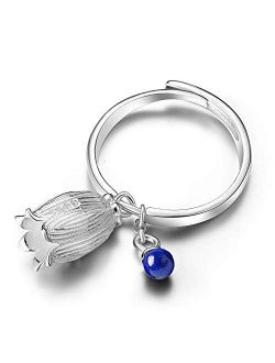 Lotus Fun 925 Sterling Silver Rings Natural Lapis Gemstone Fresh Redbud Bell Flower Open Ring Handmade Jewelry Unique Gifts for Women and Girls