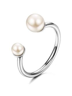 Sllaiss 925 Sterling Silver Pearl Open Ring Double Pearl Adjustable Ring for Women Girls