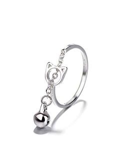 925 Sterling Silver Plated Two-tone Boho Cat and Bell Charm Women Adjustable Tassel Band Ring