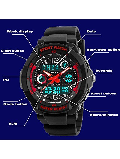 Boys Watches, Kids Sport Multi Function 50M Waterproof Digital Analog with Alarm LED for Girls Child
