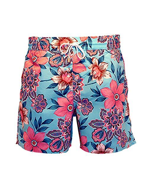 Bayahibe Swimwear Short Slim Fit Quick Dry French Swim Trunk for Men Blue with Pink Flowers