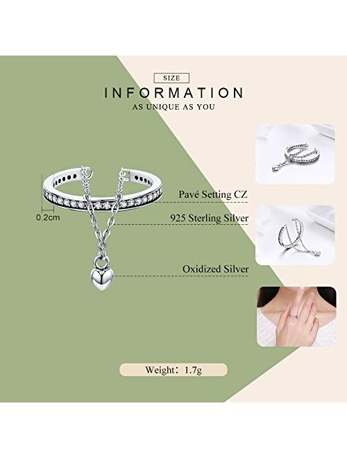 kokoma Heart CZ Eternity Ring Sterling Silver for Women Girls Adjustable Open Crystal Diamond Engagement Promise Rings Chain Charm Finger Tail Band Cute Jewelry