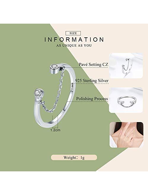 Kokoma Minimalist Sterling Silver Stackable Rings Adjustable CZ Chain Eternity Engagement Wedding Band Ring for Women Girls
