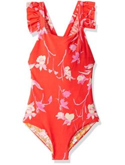 Girls' One Piece with Cross Back Ruffle Trim Straps Swimsuit