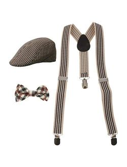 Sling 1 Set New Elastic Kids Y-Back Suspender Clip-on Braces+Necktie +Beret Cap Hats Set Adjustable Free for The Body Casual
