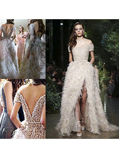 Fenghuavip Split Off-Shoulder Champagne Bridal Ostrich Feather Wedding Dress