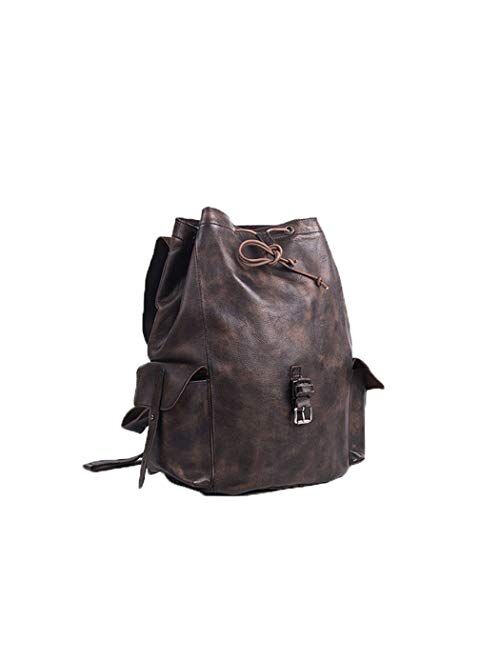 Men And Women Shoulder Backpack Leather British Casual Simple Schoolbag Cowhide Bucket Bag Light Brown