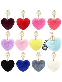 Colored Pom Pom Keychain Bulk Heart Fluffy Fur Puff Ball Key for Women