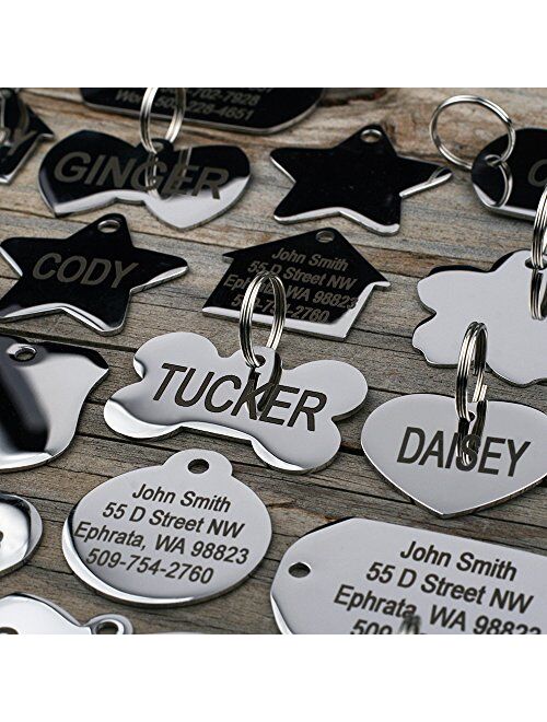 GoTags Stainless Steel Pet ID Tags, Personalized Dog Tags and Cat Tags, up to 8 Lines of Custom Text, Engraved on Both Sides, in Bone, Round, Heart, Bow Tie, Flower, Star
