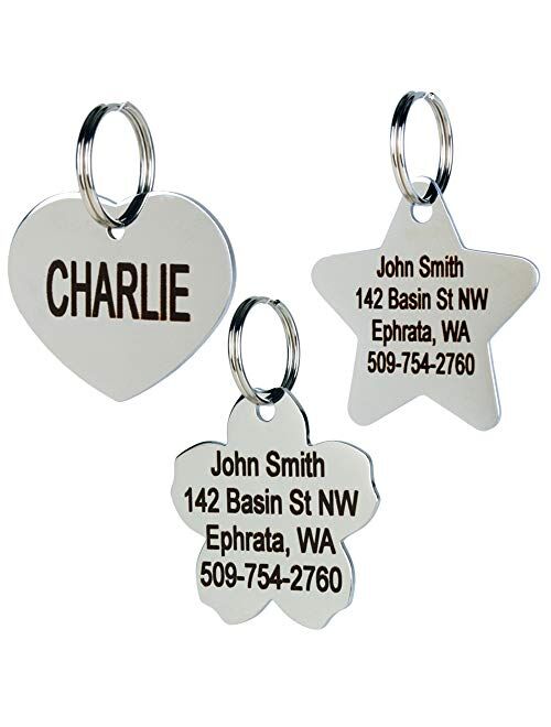 GoTags Stainless Steel Pet ID Tags, Personalized Dog Tags and Cat Tags, up to 8 Lines of Custom Text, Engraved on Both Sides, in Bone, Round, Heart, Bow Tie, Flower, Star