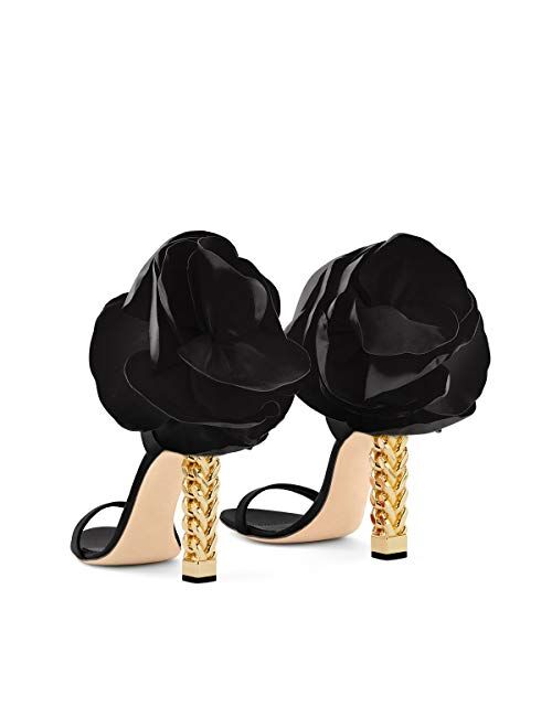 FSJ Women Flower Gold Metal Chain Chunky High Heels Ankle Strap Sandals Open Toe Fashion Shoes Size 4 Black