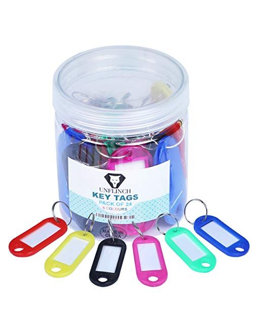 Unflinch Key Tags Pack of 24 - Plastic Assorted Labels with Metal Ring for Organized Tours, Travels, Home, Office and More
