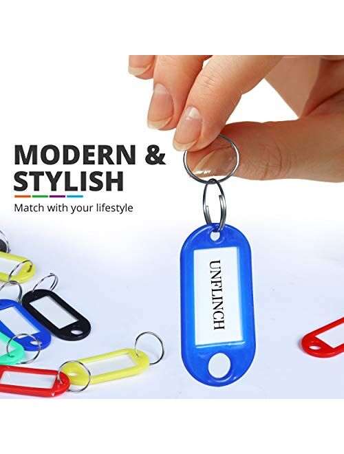 Unflinch Key Tags Pack of 24 - Plastic Assorted Labels with Metal Ring for Organized Tours, Travels, Home, Office and More