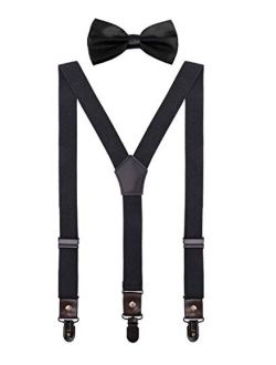 CEAJOO Men Boys' Suspenders and Bow Tie Set Adjustable with Black Metal Clips