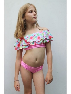 Little Girls Pink Sweet Jane Peasant Ruffle Bow Bikini 2 Pc Swimsuit