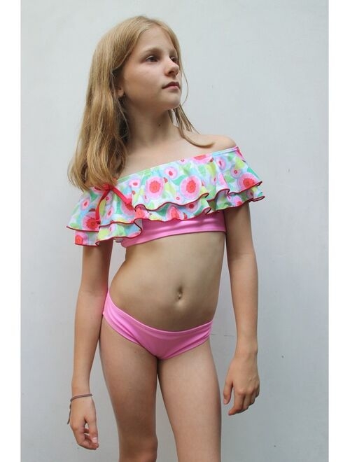 Azul Little Girls Pink Sweet Jane Peasant Ruffle Bow Bikini 2 Pc Swimsuit