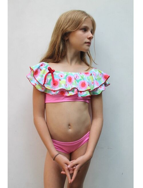 Azul Little Girls Pink Sweet Jane Peasant Ruffle Bow Bikini 2 Pc Swimsuit