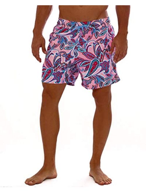 Bayahibe Swimwear Shorts Slim Fit Quick Dry French Swim Trunk for Men and Boys with Pink Paisley Print