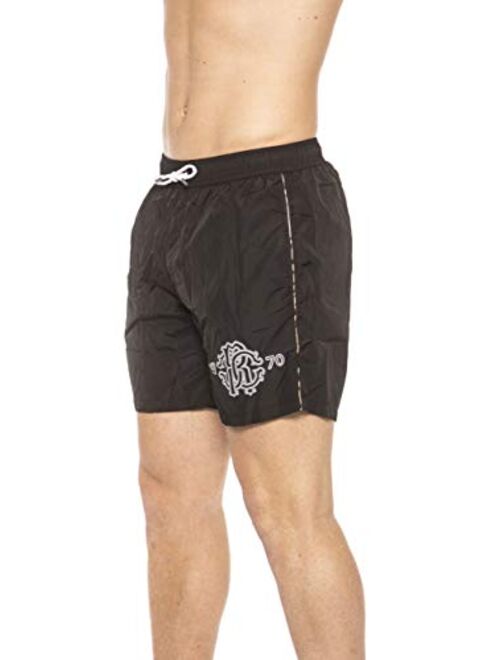 Roberto Cavalli Beachwear Black Beachwear Boxer with Pockets. Front Logo Print. Internal Net. Back Pocket. Spotted Edges.
