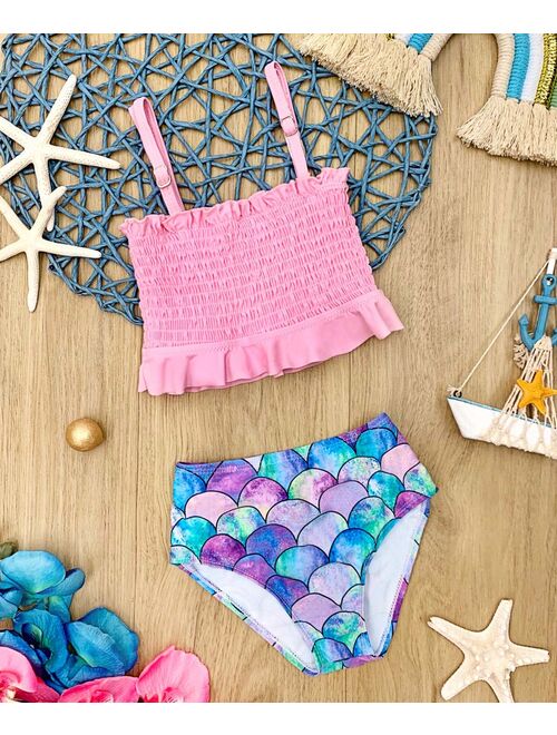 Pink & Lavender Mermaid-Scale Smocked Bandeau Bikini - Girls