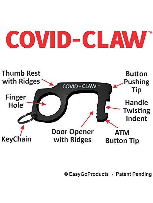 CovidClaw Tool – The Hand Hygiene Anodized Aluminum Touchless Keychain Tool – Great for Door Opening and Closing, Button Pushing, Sinks, Elevators, Gas Stations, Toilets,