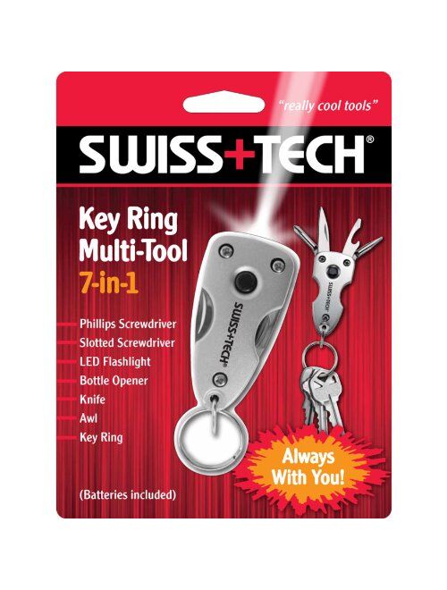 Swiss+Tech ST60300 Silver 7-in-1 Key Ring Multitool with LED Flashlight for Auto Safety, Outdoors, Camping