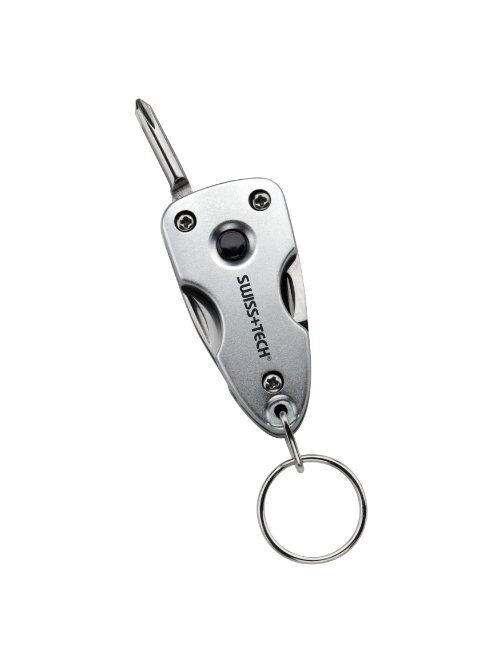 Swiss+Tech ST60300 Silver 7-in-1 Key Ring Multitool with LED Flashlight for Auto Safety, Outdoors, Camping