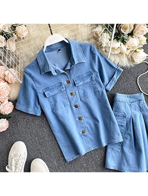 F-pump Korean Style Short Sleeve Turn-Down Collar Shirt, Mini Skirt Two Piece Set