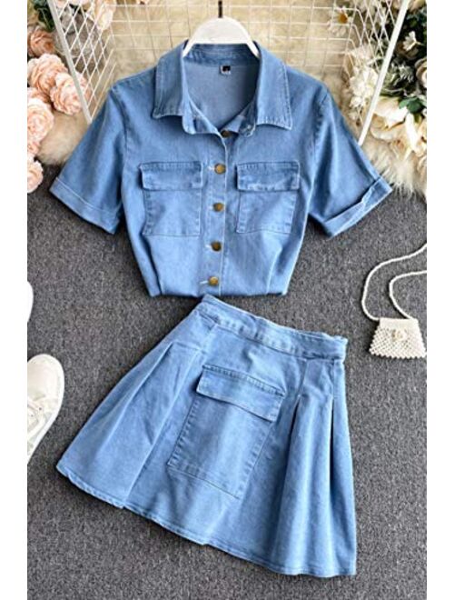 F-pump Korean Style Short Sleeve Turn-Down Collar Shirt, Mini Skirt Two Piece Set