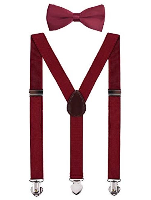 WDSKY Mens Boys Suspenders and Bow Tie Set for Wedding with Heart Clips