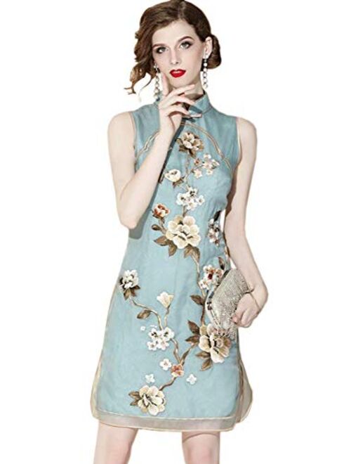HangErFeng Qipao  Chinese Collar Silk Double-Layer Embroidery Improved Cheongsam Chinese Element Flowers Dress