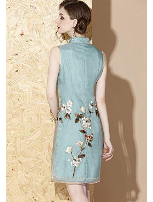 HangErFeng Qipao  Chinese Collar Silk Double-Layer Embroidery Improved Cheongsam Chinese Element Flowers Dress