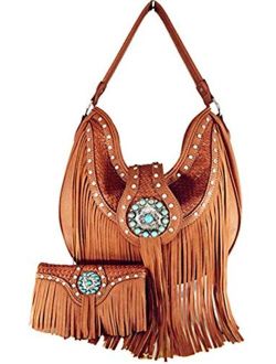 Western Cowgirl Concealed Carry Fringe Concho Agate Handbag Hobo Shoulder Handbag With Matching Wallet In Tan