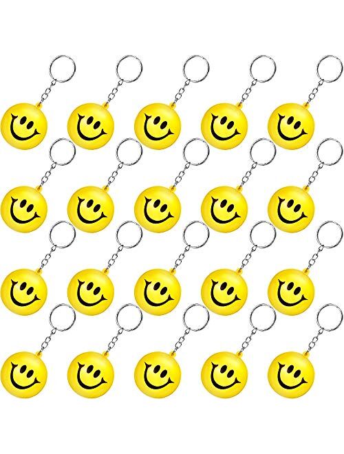 20 Pack Yellow Funny Smile Face Stress Balls Keychains for Party Favors, School Carnival Reward, Party Bag Gift Fillers