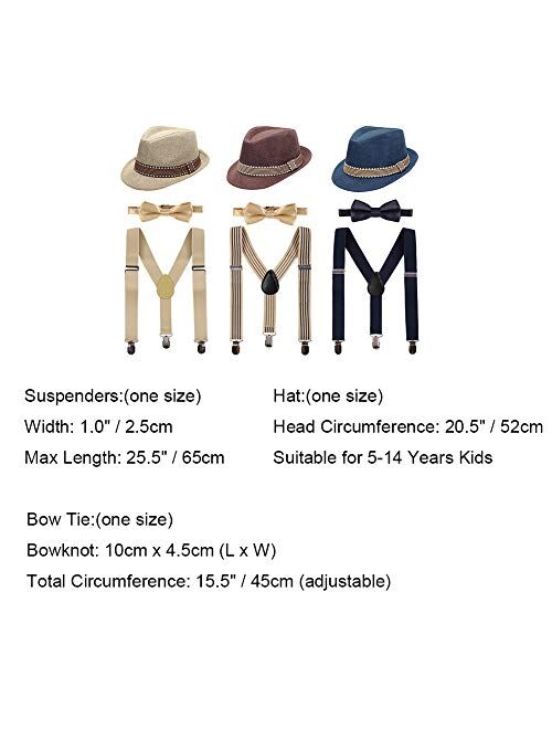 Kids 1920s Accessories Set Y-Back Adjustable Suspender Trim Fedora Hat 3PCS Wedding Party Outfit for Boys Girls 2-6T