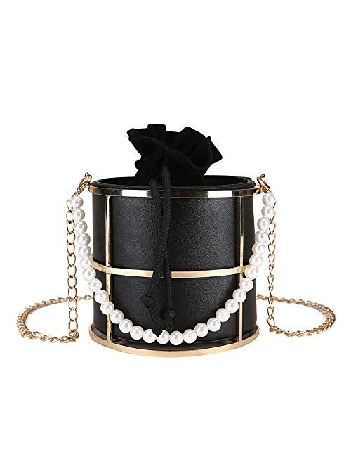 Clutch Bag for Women Pearl Evening Bags Top-Handle Metal Bucket Bag Crystal Chic Purses Formal Wedding Handbags