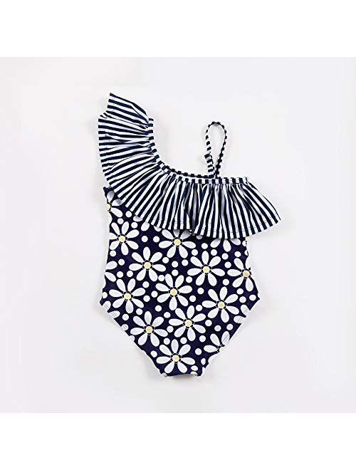 YIXING New Swimsuit Children One Piece Swimwear Pretty Floral One Shoulder Ruffled Swimsuit for Girl (Color : Navy, Size : L)