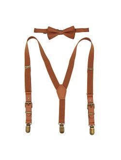 Boys Suspenders Bow Tie Set Tuxedo Braces with Leather and Bronze Clips for Kids