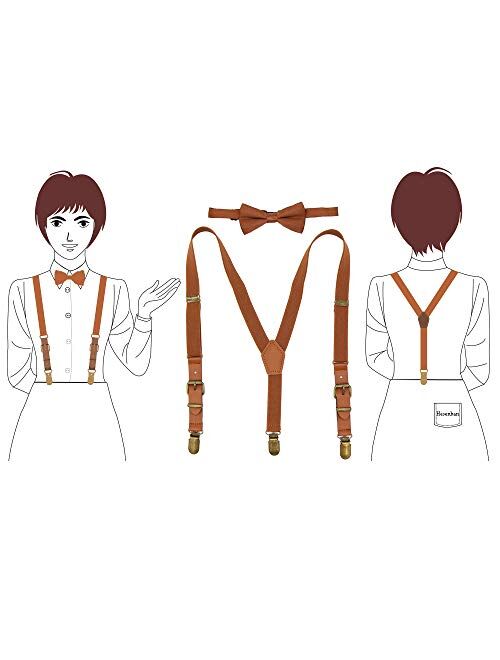 Boys Suspenders Bow Tie Set Tuxedo Braces with Leather and Bronze Clips for Kids