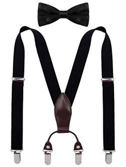SUNNYTREE Boys Suspenders Bow Tie Set Adjustable Leather Y Back with 4 Clips