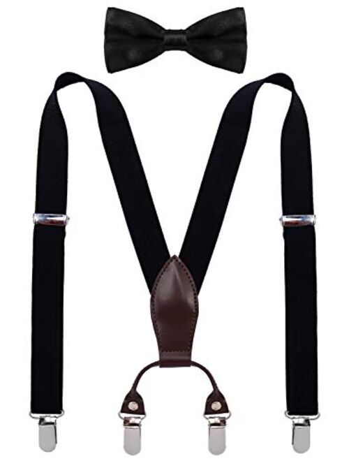 SUNNYTREE Boys Suspenders Bow Tie Set Adjustable Leather Y Back with 4 Clips