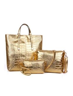 Women Stylish 3 Piece Bag Set,BBDI Alligator Pattern Lash Package PU Leather Shoulder Tote Purse Bag - Golden