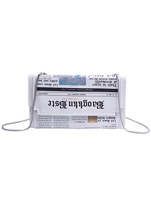 Kuang Women Novelty Newspaper Evening Handbag Clutch Crossbody Bag Envelope Purse Chain Shoulder Bag for Ladies