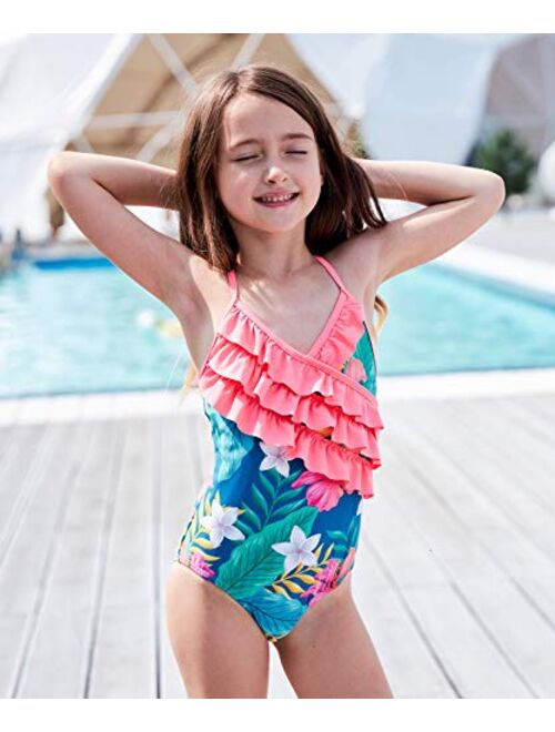 Moon Tree Girls One Piece Swimsuits Hawaiian Ruffle Fluorescent Green Beach Bathing Suit 2-14 Years 
