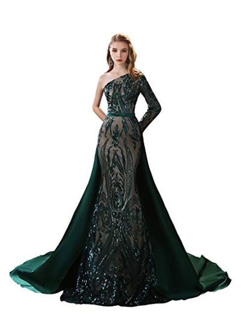 Fairydress Trumpet Mermaid Evening Dress Sequins Detachable Train Party Prom Dress One Shoulder Pageant Gown