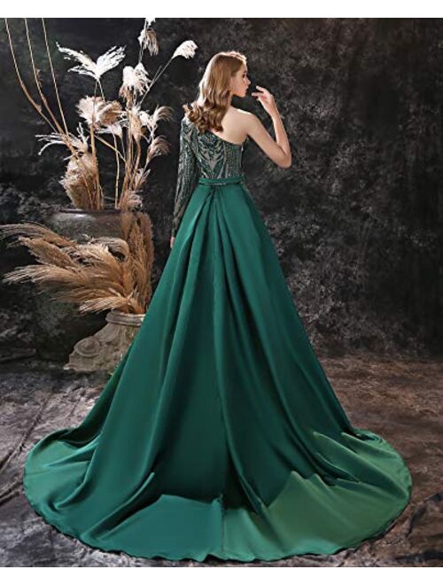 Fairydress Trumpet Mermaid Evening Dress Sequins Detachable Train Party Prom Dress One Shoulder Pageant Gown