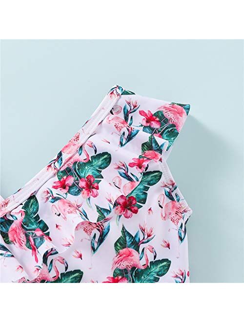 YIXING Girl's Swimsuit Two Piece Set, Children's Ruffled Flamingo Printed Shoulder Straps Tops Elastic Sleeveless Swimwear for Kids (Color : As pic, Kid Size : 3 Years)