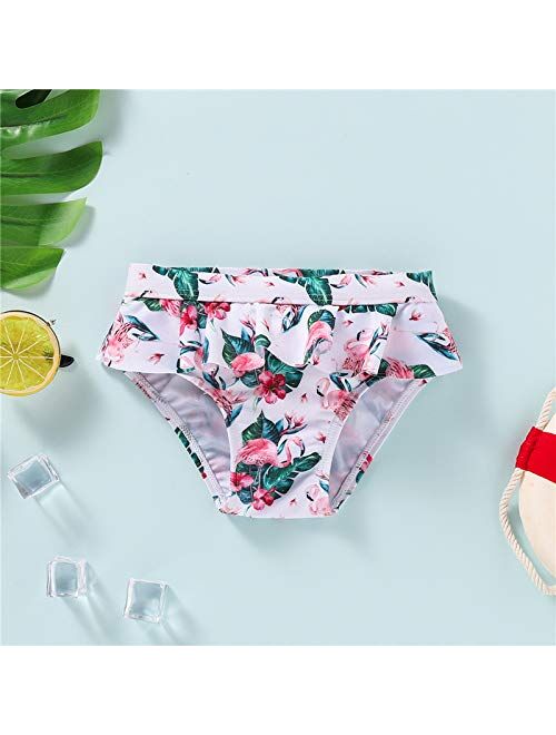 YIXING Girl's Swimsuit Two Piece Set, Children's Ruffled Flamingo Printed Shoulder Straps Tops Elastic Sleeveless Swimwear for Kids (Color : As pic, Kid Size : 3 Years)