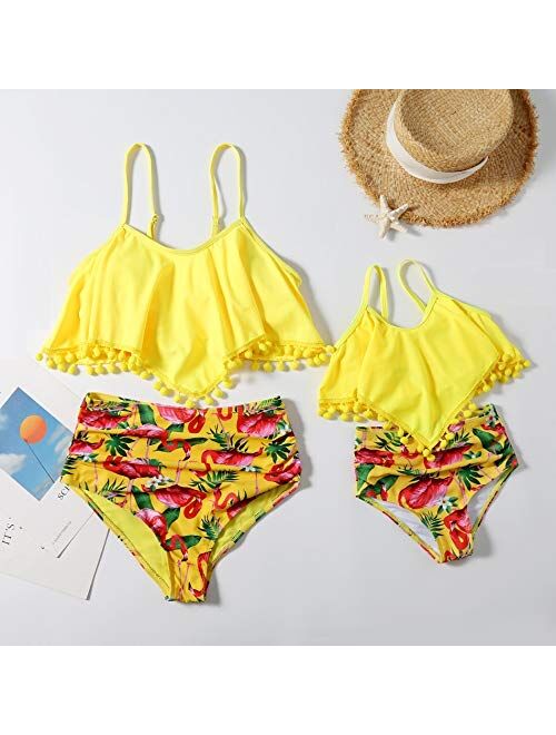 YIXING Flower Mommy and Me Bikini Dresses Clothes Woman Girl's Bath Suit Family Swimwear Mother/Mom Daughter Matching Swimsuits Beach (Color : BNRL B (Yellow), Size : Mom